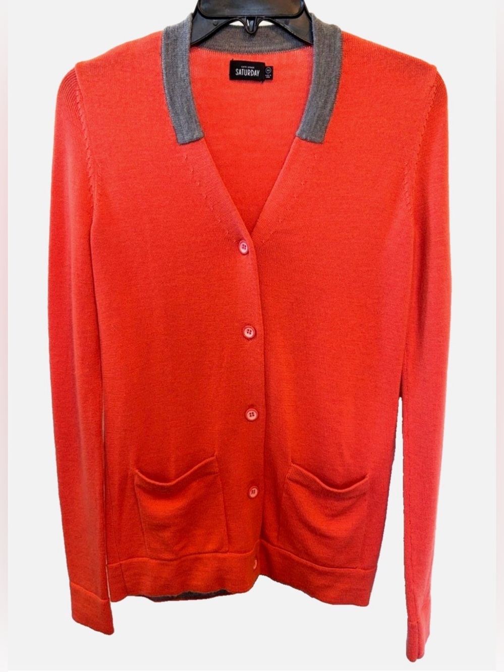 Kate Spade Saturday 100% Wool Cardigan XS Orange Gray Button Front